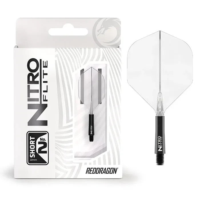 Nitro Flite integrated dart flight system No.2 in black and clear, shown in packaging and isolated, standard shape, for dart shafts.