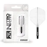 Nitro Flite integrated dart flight system No.2 in black and clear, shown in packaging and isolated, standard shape, for dart shafts.