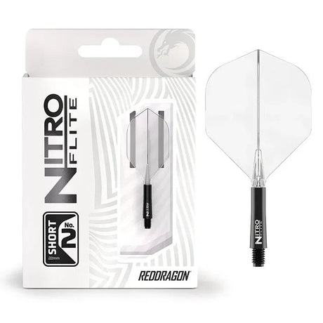 Nitro Flite integrated dart flight system No.2 in black and clear, shown in packaging and isolated, standard shape, for dart shafts.