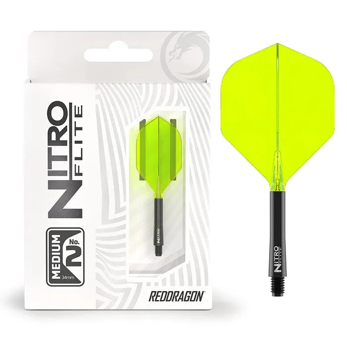 Nitro Flite integrated dart flight and shaft system black and yellow No.2 shown in retail packaging and isolated on white