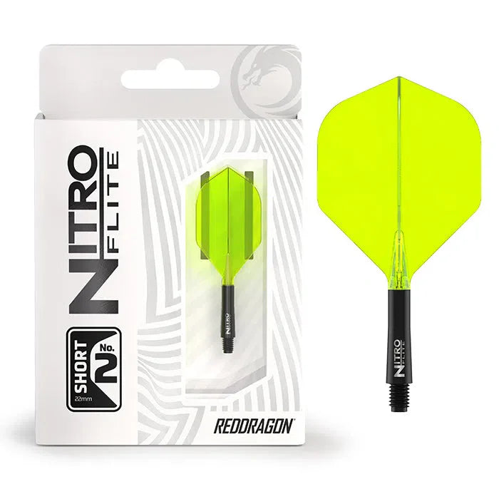 Nitro Flite black and yellow integrated dart flight system shown in retail packaging and close-up, highlighting No.2 flight shape and short shaft