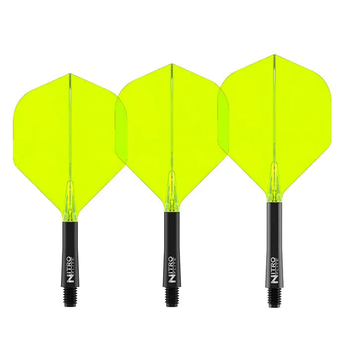 Set of three Nitro Flite black and yellow integrated dart flights with No.2 shape, full product view on white background