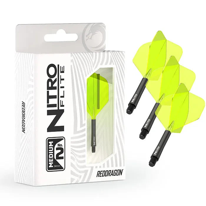 Nitro Flite black and yellow integrated dart flight system medium No.2, three flights shown with retail packaging