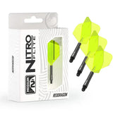 Nitro Flite black and yellow integrated dart flight system medium No.2, three flights shown with retail packaging