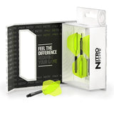 Nitro Flite integrated dart flights and shafts in retail packaging with one black and yellow dart system shown outside for close-up view