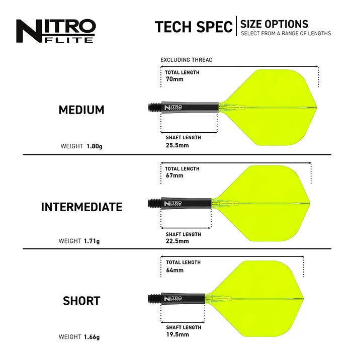 Dart flight system size chart with side-by-side shaft and flight views in black and yellow, showing medium, intermediate, and short length options with total lengths, shaft measurements, and weights indicated for dart equipment buyers