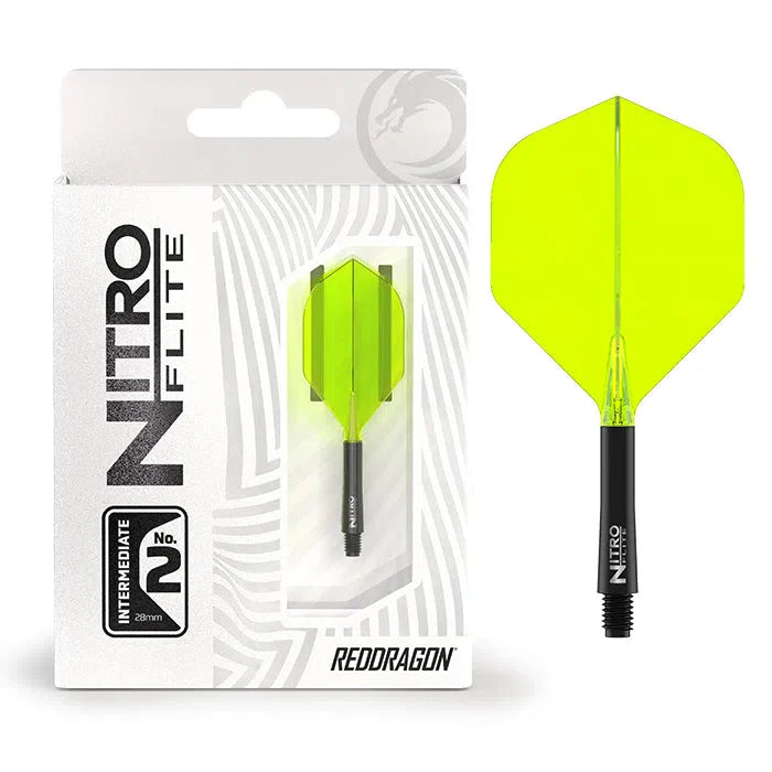 Dart flight and stem system black and yellow No.2 shown in retail packaging and as single integrated piece on white background