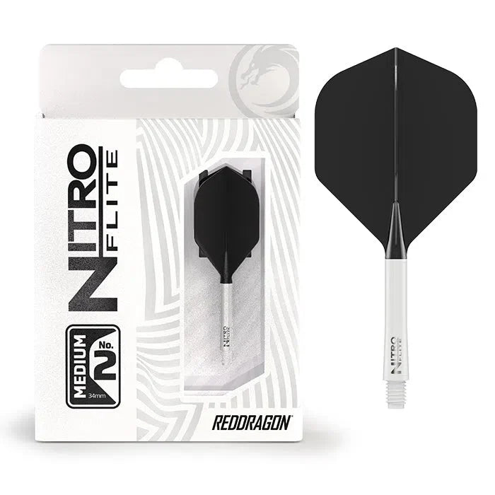Nitro Flite integrated dart flight and shaft No.2 in retail packaging plus isolated white and black dart setup