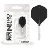 Nitro Flite integrated dart flight and shaft No.2 in retail packaging plus isolated white and black dart setup