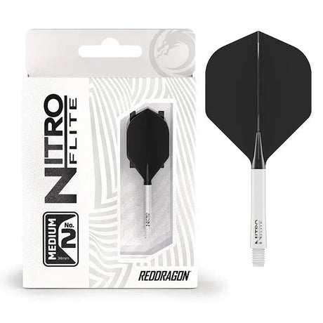 Nitro Flite integrated dart flight and shaft No.2 in retail packaging plus isolated white and black dart setup