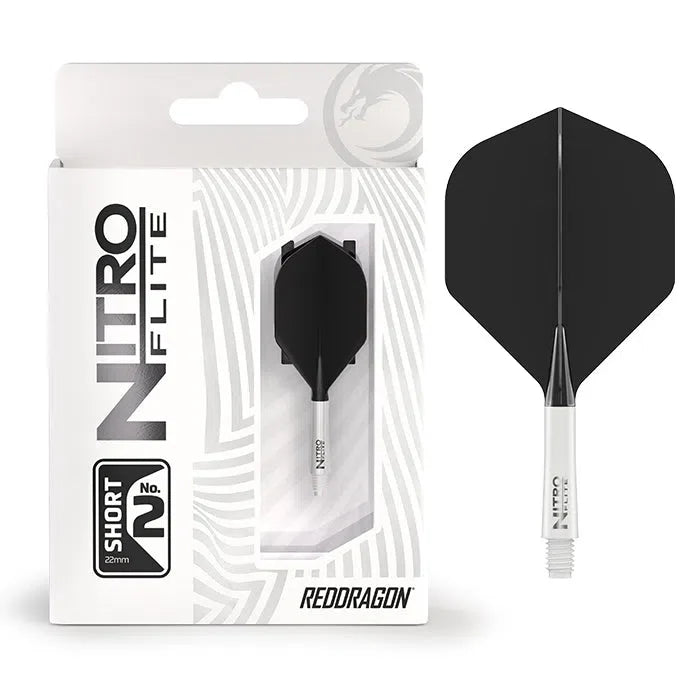 Nitro Flite integrated dart flight No.2 in retail box with separate close-up of black and white flight shaft system