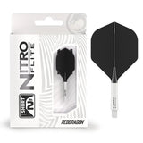 Nitro Flite integrated dart flight No.2 in retail box with separate close-up of black and white flight shaft system