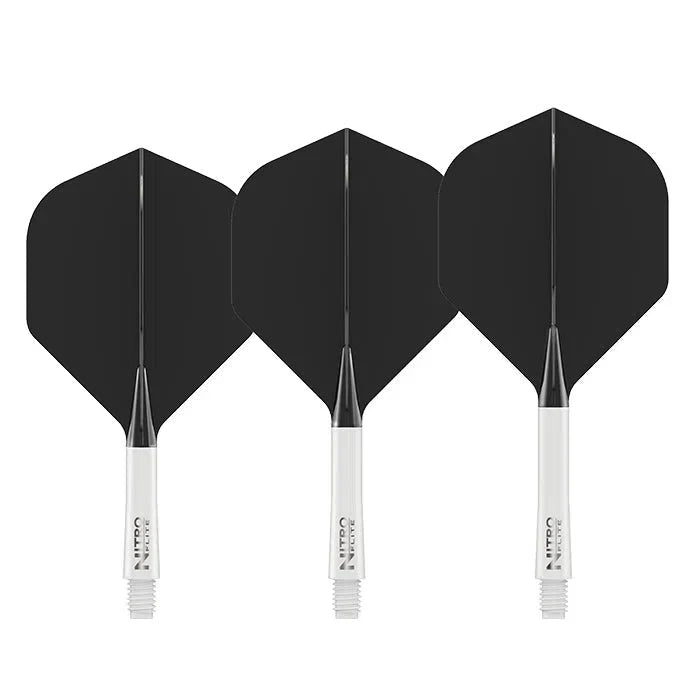 Three black No.2 integrated dart flights with white stems, full product view on white background, ideal for dart setup comparison