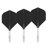 Three black No.2 integrated dart flights with white stems, full product view on white background, ideal for dart setup comparison