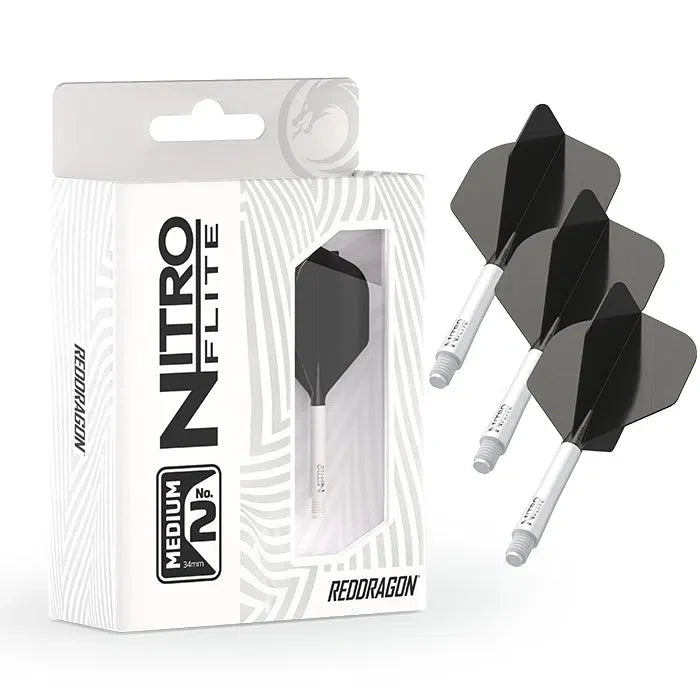 Angled view of integrated dart flights and shafts in black and white, shown in retail packaging and set of three displayed on white background