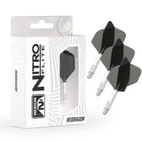 Angled view of integrated dart flights and shafts in black and white, shown in retail packaging and set of three displayed on white background