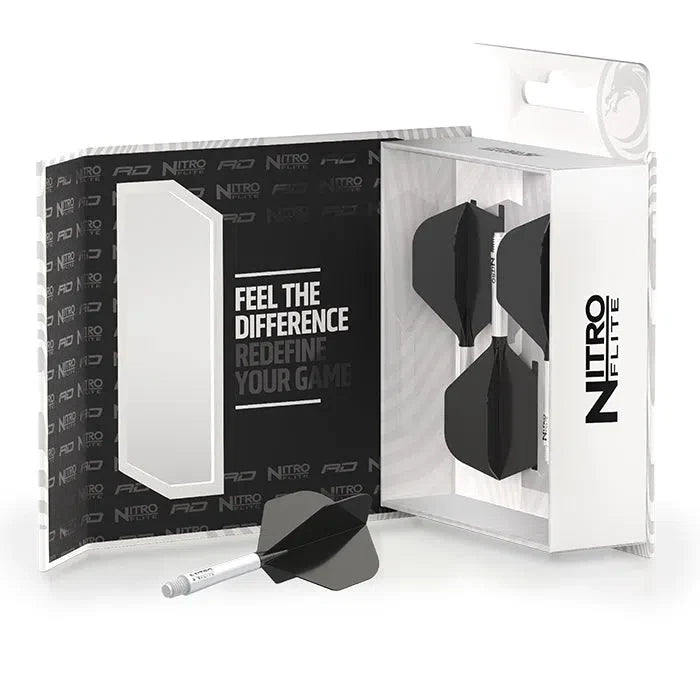 Nitro Flite integrated dart flights and stems set in open retail packaging, four black flights shown with assembled example, ideal for dart setup