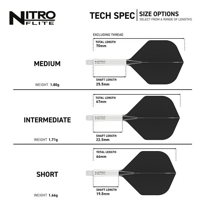 Technical chart showing medium, intermediate, and short dart shaft and flight sizes with length, weight, and measurements for dart setup comparison