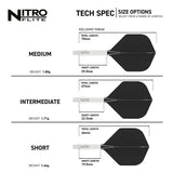 Technical chart showing medium, intermediate, and short dart shaft and flight sizes with length, weight, and measurements for dart setup comparison