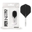Integrated dart flight and shaft set in retail blister packaging plus isolated black and white No.2 intermediate flight for darts