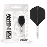 Integrated dart flight and shaft set in retail blister packaging plus isolated black and white No.2 intermediate flight for darts