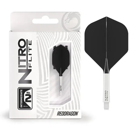 Integrated dart flight and shaft set in retail blister packaging plus isolated black and white No.2 intermediate flight for darts
