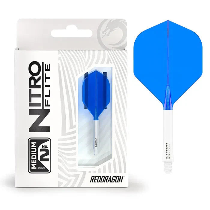 Dart flight and shaft system No.2 medium in white and blue, packaging with single flight plus isolated close-up for darts setup