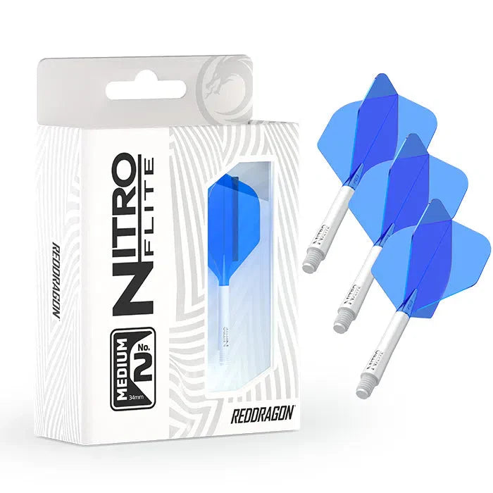 Nitro Flite integrated dart flights and shafts No.2, blue and white, full set in retail packaging plus three flights displayed on white background