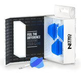 Angled view of Nitro Flite integrated white and blue dart flights in retail packaging with one assembled flight system in front