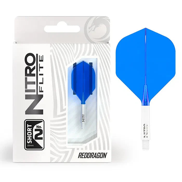 Nitro Flite integrated dart flight and stem No.2 white and blue in retail packaging with one full integrated flight system displayed next to box