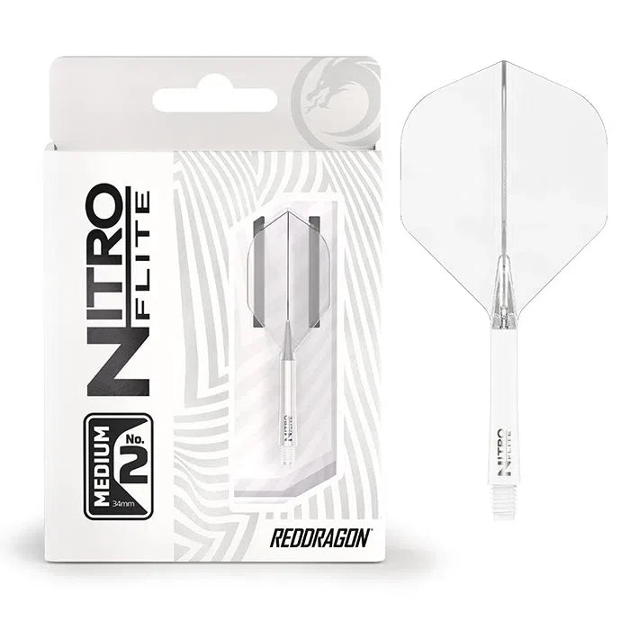 Integrated dart flight system white and clear No.2 Medium, full product with packaging and single flight shown for scale