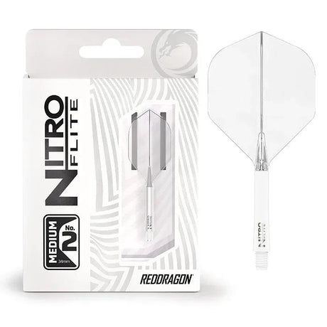 Integrated dart flight system white and clear No.2 Medium, full product with packaging and single flight shown for scale