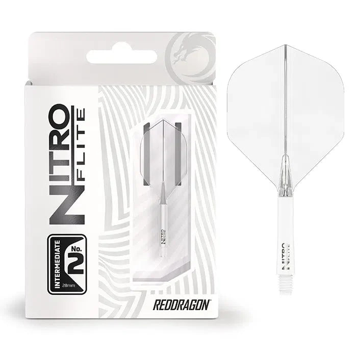 Dart integrated flight system No.2 in white and clear, shown in retail packaging and full product view on white background