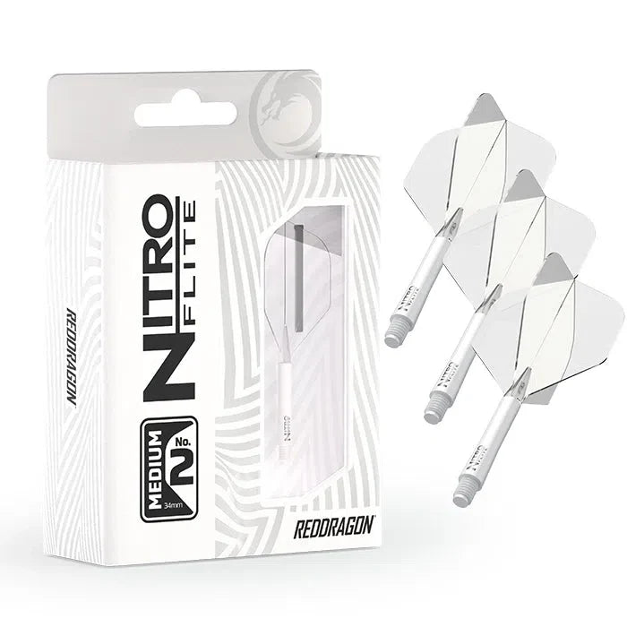 Nitro Flite integrated dart flight system No.2 in retail packaging with three white and clear medium flights and stems displayed on white background