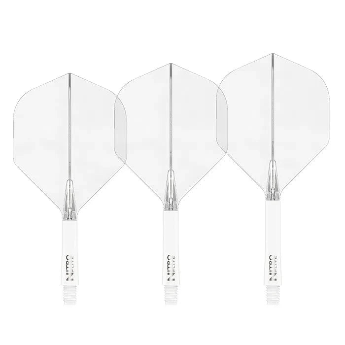 Three clear No.2 integrated dart flights with white nylon shafts, full product view on white background, highlighting durable design