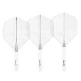 Three clear No.2 integrated dart flights with white nylon shafts, full product view on white background, highlighting durable design