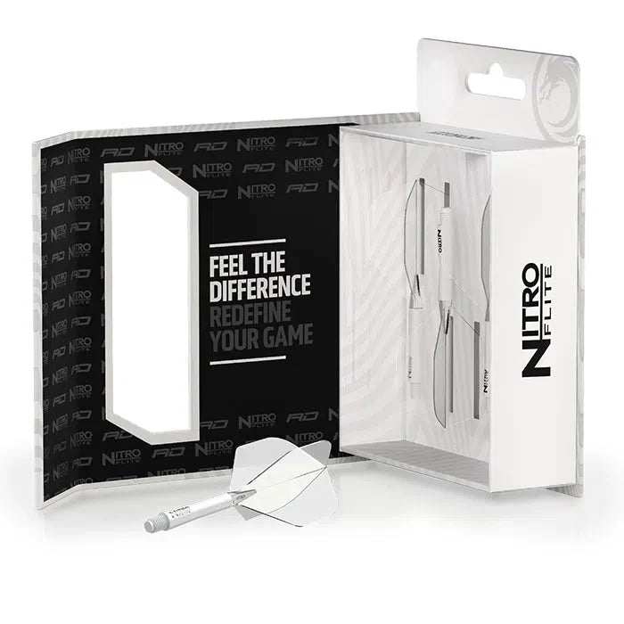 Angled view of Nitro Flite integrated dart flights and shafts in retail packaging with one white and clear No.2 flight system displayed in front