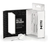 Angled view of Nitro Flite integrated dart flights and shafts in retail packaging with one white and clear No.2 flight system displayed in front