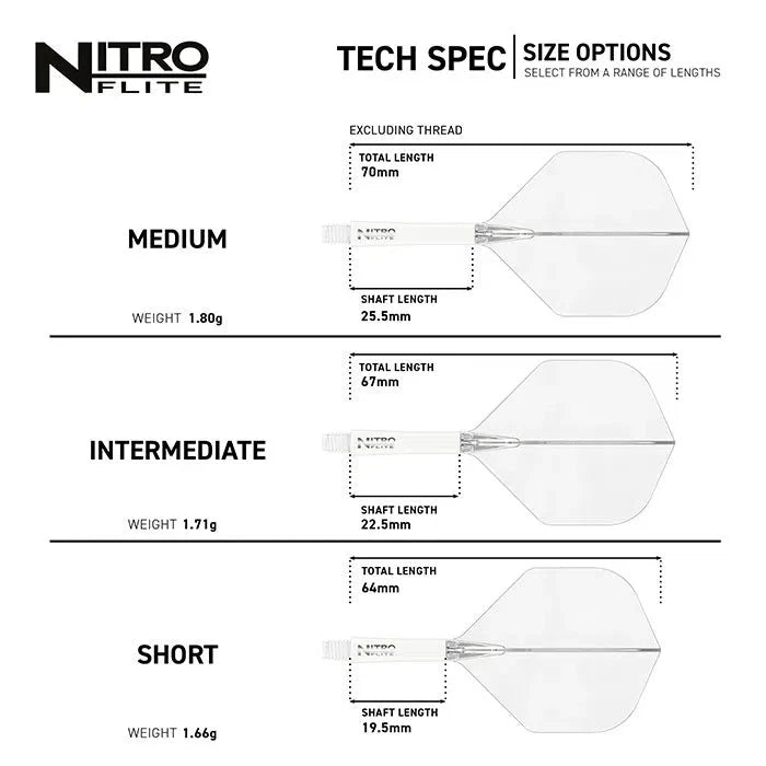 Dart flight size chart with side views comparing medium, intermediate, and short Nitro Flite integrated flights, shaft lengths, total lengths, and weights