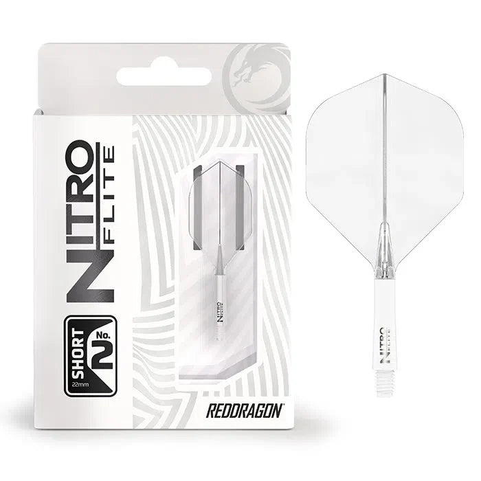 Dart flight system in retail packaging with extra single clear and white No.2 integrated shaft and flight, full view on white background