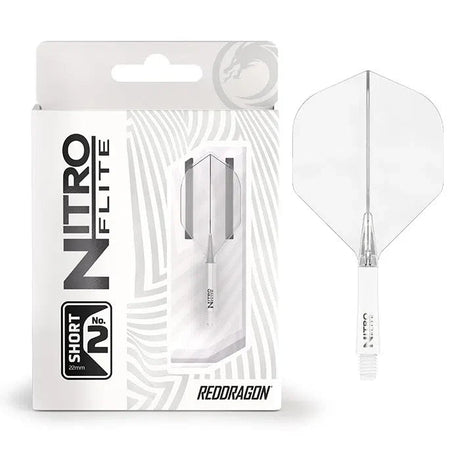 Dart flight system in retail packaging with extra single clear and white No.2 integrated shaft and flight, full view on white background