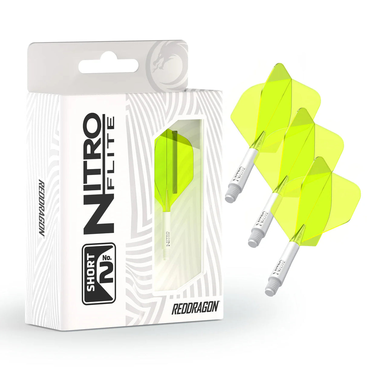 Nitro Flite integrated dart flights white and yellow No.2 shown in retail packaging and set of three, highlighting flight shape and stem