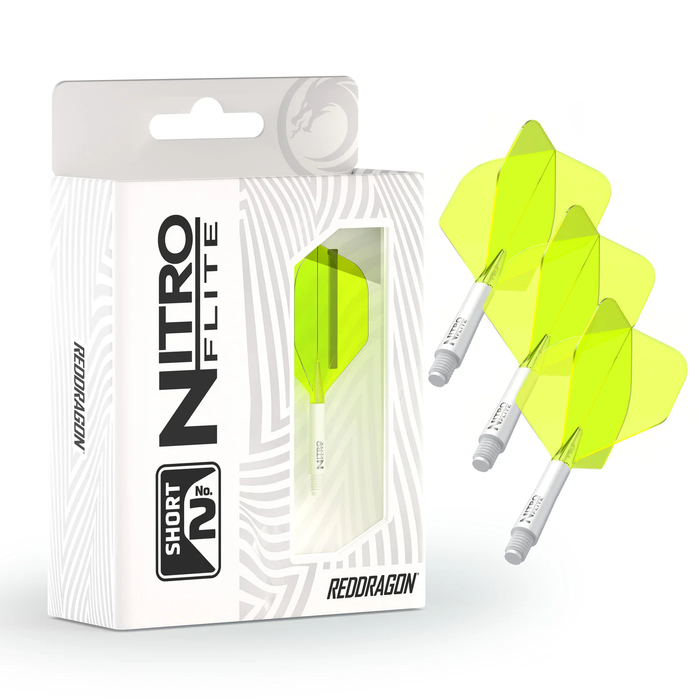 Nitro Flite integrated dart flights white and yellow No.2 shown in retail packaging and set of three, highlighting flight shape and stem