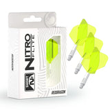 Nitro Flite integrated dart flights white and yellow No.2 shown in retail packaging and set of three, highlighting flight shape and stem