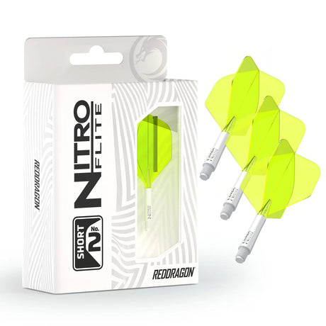 Nitro Flite integrated dart flights white and yellow No.2 shown in retail packaging and set of three, highlighting flight shape and stem