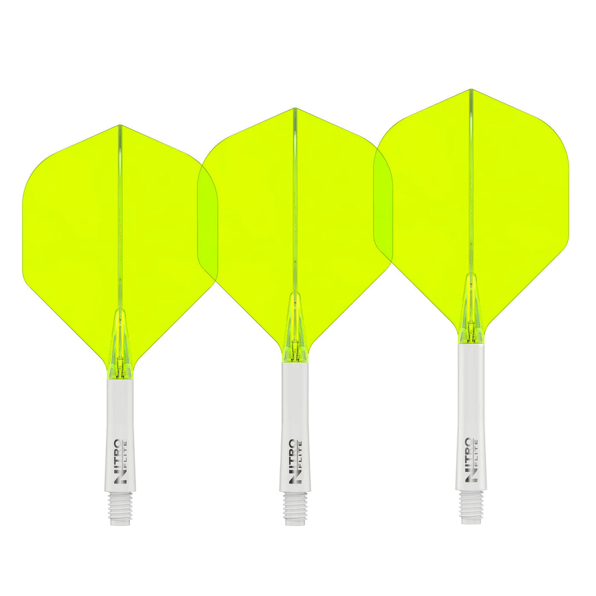 Set of three yellow and white integrated dart flights and shafts No.2 shape, full product view on white background