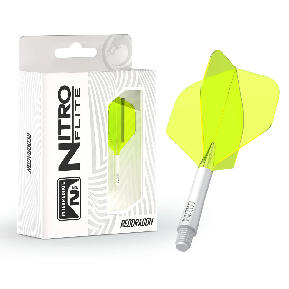 Integrated dart flight and shaft white and yellow No.2 displayed with retail packaging for darts, full product view on white background