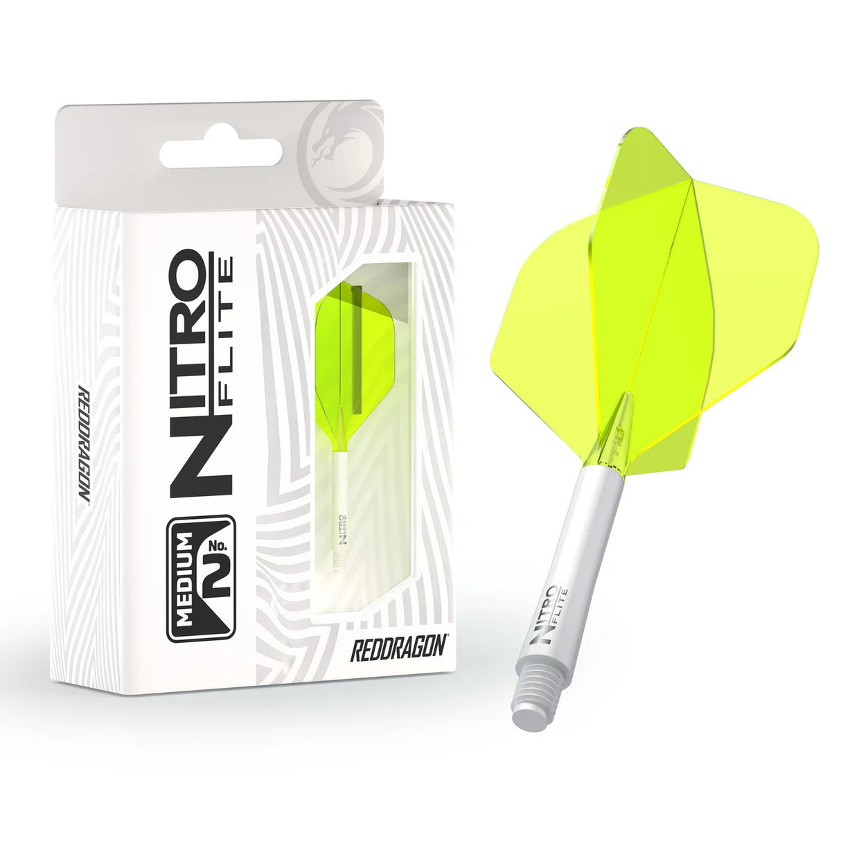 Medium No.2 integrated dart flight and shaft in white and yellow, shown in retail packaging and separately on white background