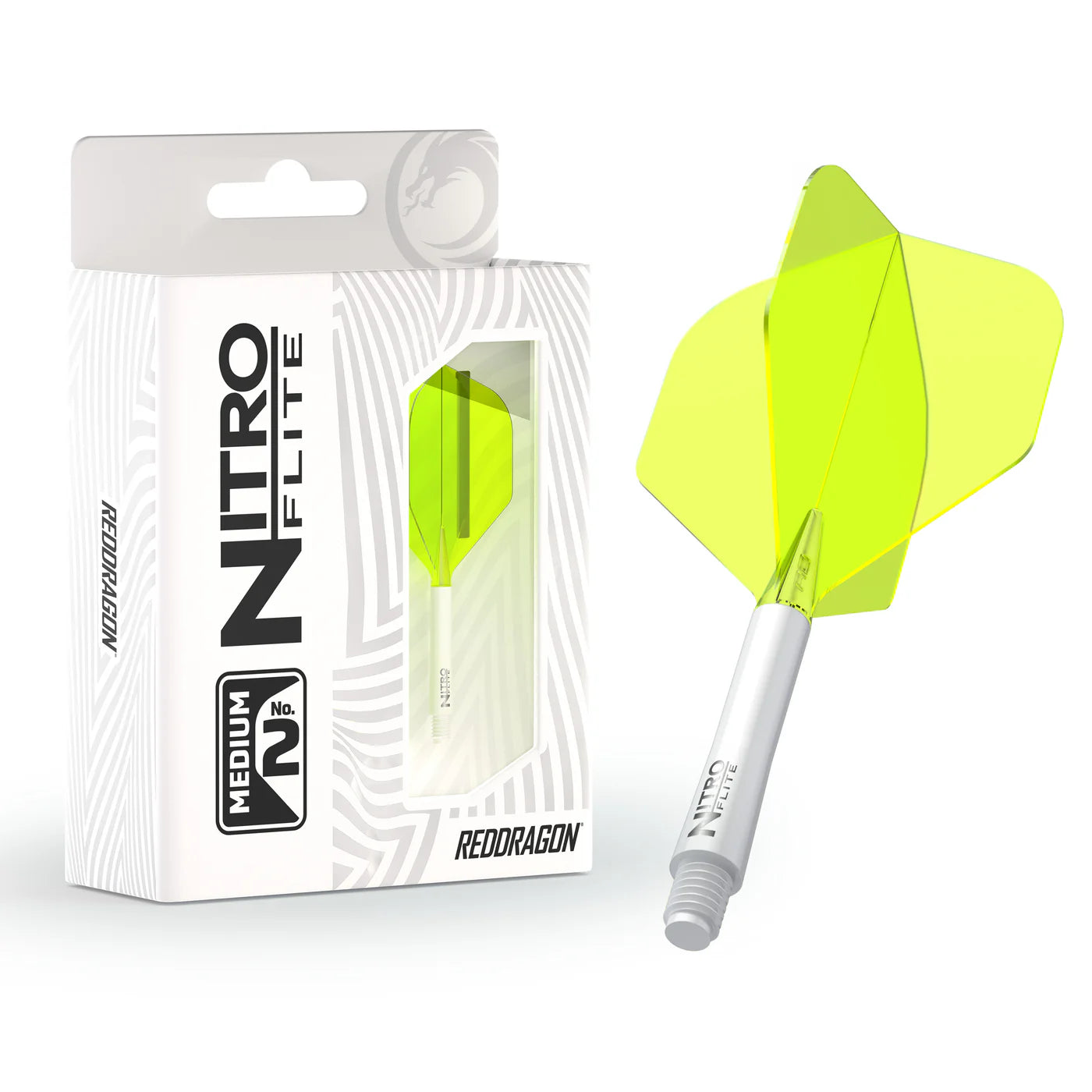 Medium No.2 integrated dart flight and shaft in white and yellow, shown in retail packaging and separately on white background