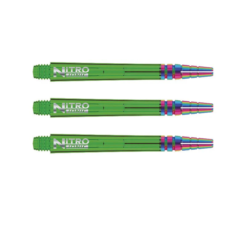 Three green Nitro Tech Ionic dart shafts with rainbow metallic collars, full length on white background for dart accessory buyers